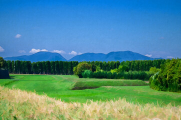 Watercolor drawing of View of grass green field, trees and Tuscany hills