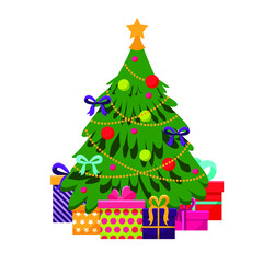 Vector illustration. Christmas tree. there are several different boxes with gifts under the tree.