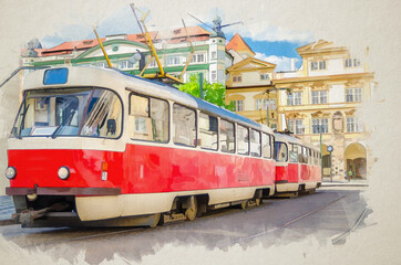 Watercolor drawing of Typical old retro vintage tram on tracks near tram stop in the streets of Prague city