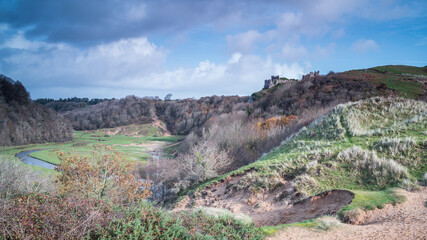 View of Pennard Castle, overlooking Three Cliffs Bay, on the Gower Peninsular, south Wales