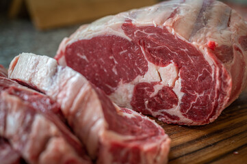 sliced chunk of rib eye for thick cut steak