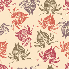 Vector seamless pattern colorful tender design of lined silhouettes flowers