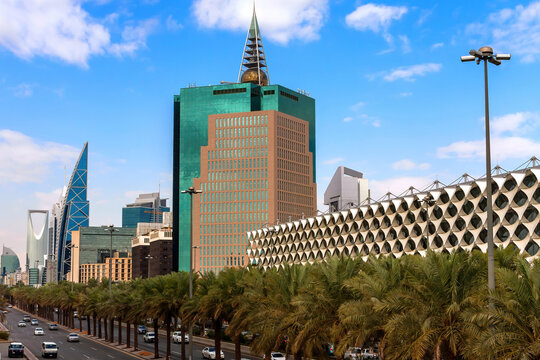 November 23, 2019 - Riyadh, Saudi Arabia: King Fahd Road, King Fahad National Library, and modern architecture in the city downtown