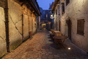 Fototapeta na wymiar Medieval street in old town, Katarina Passage, Tallinn, Estonia. Illuminated at evening