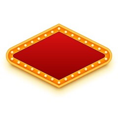 Red and gold casino sign. Retro style design. Frame with light bulbs. Empty mockup for any messages. Vector illustration. 