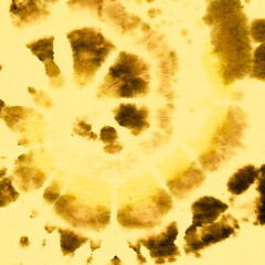 Tie Dye Spiral Background. Yellow Artistic Shirt. 