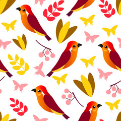 birds, autumn, abstract vector seamless pattern isolated on white background. Concept for wallpaper, wrapping paper, cards 