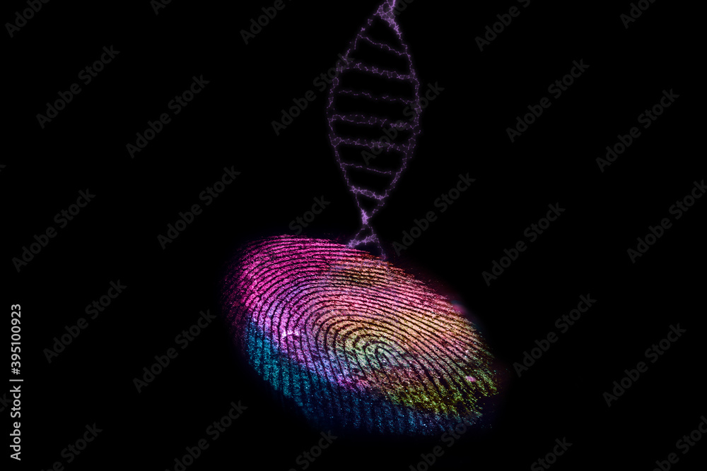 Fototapete close up beautiful abstract multi colored fingerprint and dna molecule on background texture for des