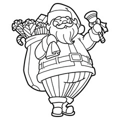 Vector illustration. Hand drawing cartoon character. Santa claus with gifts. Christmas illustration. Coloring page. Postcard Happy New Year and Merry Christmas.
