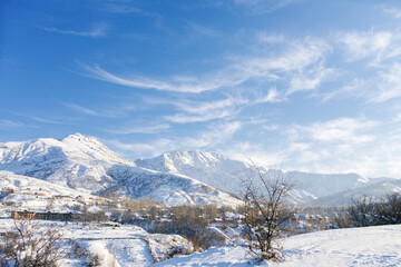 Winter in the mountains of Uzbekistan, Tien Shan mountains, rest in the mountains in winter