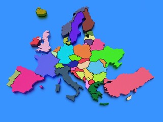 Three-dimensional map of Europe on blue isolated background