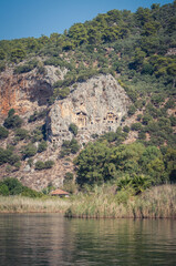 Lycian tombs on the Dalyan river. Ancient buildings.