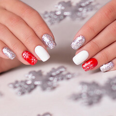 Close up view of beautiful female hand with creative manicure nails, red and silver gel polish, winter design