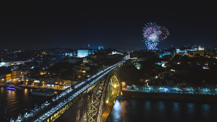 Fototapeta na wymiar new year fireworks in Porto, Portugal, Dom Luis I bridge, Ponte Luis I over Douru river