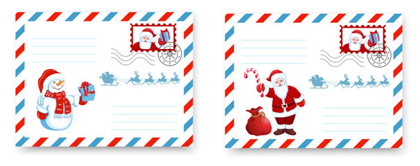 Christmas Envelope template. Layout letter to Santa Claus with cartoon Santa and Snowman with Christmas gift box.