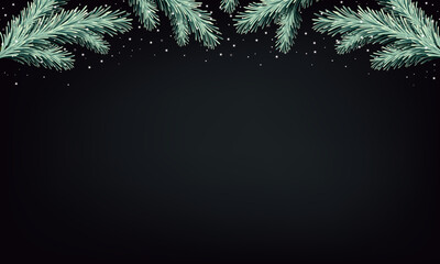 Fototapeta na wymiar Christmas tree border in snow on black background with text space. Blue Xmas spruce branches