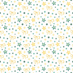 Seamless pattern with Watercolor Traditional Christmas green yellow festive elements.Holly leaf, ribbon, stars. Holiday Hand drawn background for scrapbooking, wrapping paper, textile, package
