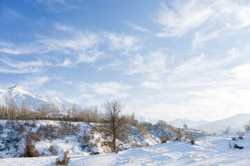 Beautiful snowy winter in the mountains of Uzbekistan