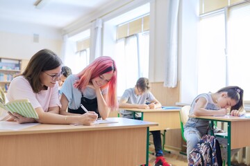 Lesson in class of high school students, female teacher sitting at desk with student