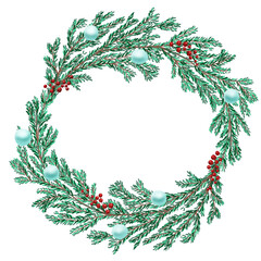 Christmas wreath with blue balls and berries