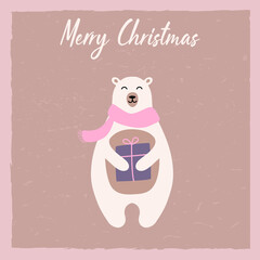 White bear character with scarf and gifts. Holiday hand drawn vector animal. Cute bear gifts celebrate Xmas. Merry Christmas quote. Winter holiday greeting card, poster design