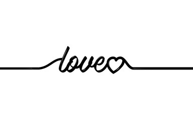 Continuous line drawing of one hearts and word LOVE, Black and white vector minimalist illustration of love concept