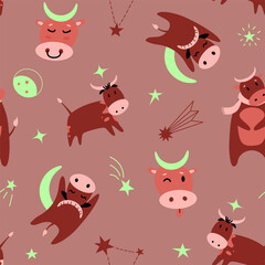 Bull horns moon flat vector seamless pattern. Funny repeat ox on brown background. Sleeping calf and stars texture. New year sign 2021. Funny kids fabric design for fabric, textile, wrapper, print