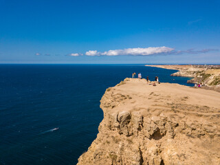 Aerial view to beautiful sea coast with turquoise water and rocks in Fiolent Cape, Crimea.
