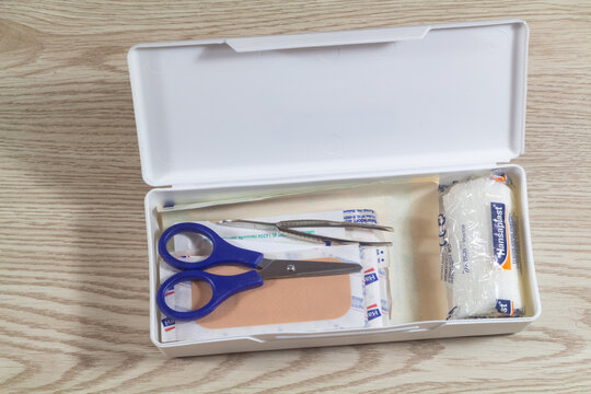 Primelin &ndash; France, November 16, 2020 : Hansaplast first aid kit with scissors, adhesive dressings and bandage