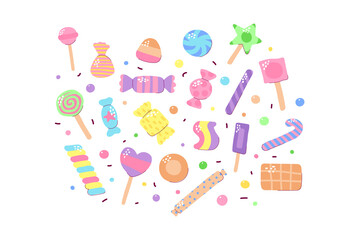 Cute multicolored candy set. Sugar Sweets isolated on white background. Gummy, Chocolate, Caramel, Lollipops, Jelly, Peppermint, Marmalade, Drops of different shapes. Vector Scandinavian illustration