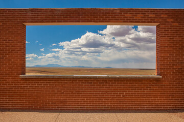 brick wall window with sky