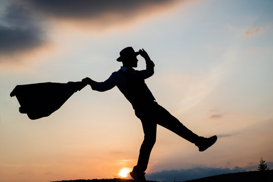 happiness. need the inspiration. man feel motivation. full of energy. dancer silhouette on sky background. confidence and success. concept of future. free man dancing. it is won