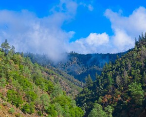 Fototapeta na wymiar Fog rises up from an autumn mountain valley floor into a cloudy blue sky.