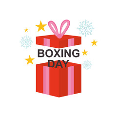 boxing day concept, open gift box with snowflakes and stars around, colorful design