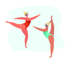 Pretty Gymnasts using a VR Headset and Experiencing Virtual Reality.People Wearing a Virtual Relaity Headset.Teenage Girls and Hi Tech.Flat Vector Illustration