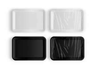 white and black tray packaging for food isolated on white background