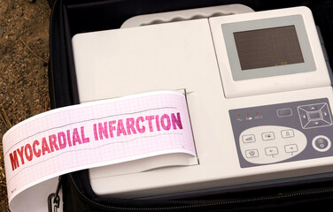 A device for diagnosing the work of the heart. Cardiogram with text - MYOCARDIAL INFARCTION