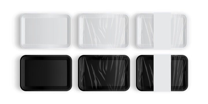 white and black tray packaging for food isolated on white background