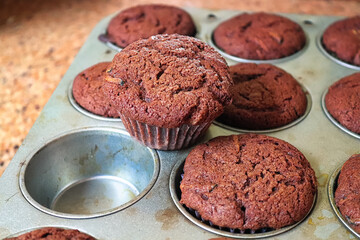 A chocolate zucchini muffin pulled out of a tray