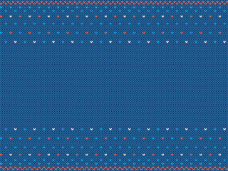 Knitted seamless pattern. Christmas blue texture. Knit xmas print. Sweater geometric background with space for text. Holiday wool ornament. Vector illustration.
