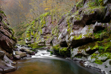 Small cascade on a mountain river flowing through the narrow, red rock canyon with rocks covered by green moss and cliffs with autumn colored trees