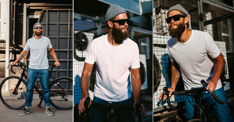 Young bearded hipster guy wearing white blank t-shirt with bicycle . Mock-up for print. T-shirt...