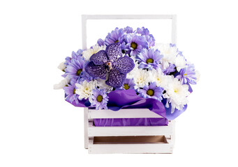 Isolated basket of purple and white flowers for wedding invitation, anniversary, birthday, declaration of love