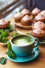 matcha tea with cakes
