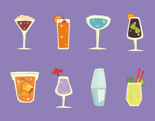 set of delicious and fresh cocktails on purple background