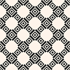 Geometric square texture. Monochrome vector seamless pattern with rhombuses, squares, grid, lattice, repeat tiles. Simple geometrical checkered background. Black and white design for decor, print