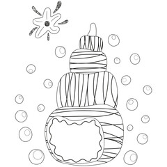 Black and white cartoon stylized shell of mollusk, starfish, bubbles. Isolated outline children's cute illustration. For coloring page and book, babies' product design, sticker, t-shirt print. Vector.