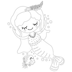 Black and white dreamy little mermaid floating with arms raised up, fish and bubbles in Scandinavian style. Monochrome baby illustration for coloring book and page, nursery design, print, DIY. Vector.