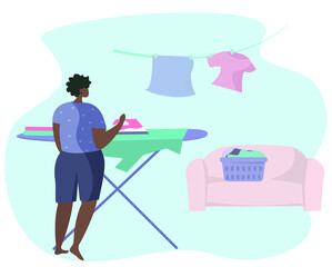 Man Ironing Clothes on Board during Covid 19.Male Character Home Work.Washing Clothes in Machine and Iron on Board.Clothes Dry on a Clothesline.Domestic Working.Flat Vector Illustration