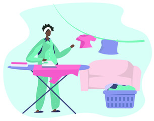 Housewife Ironing Clothes on Board during Covid 19.Female Character Home Work.Washing Clothes in Machine and Iron on Board.Clothes Dry on a Clothesline.Domestic Working.Flat Vector Illustration